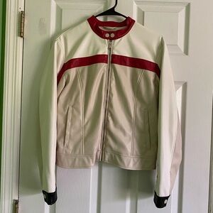 Elegant Women's Cream and Red Leather Jacket